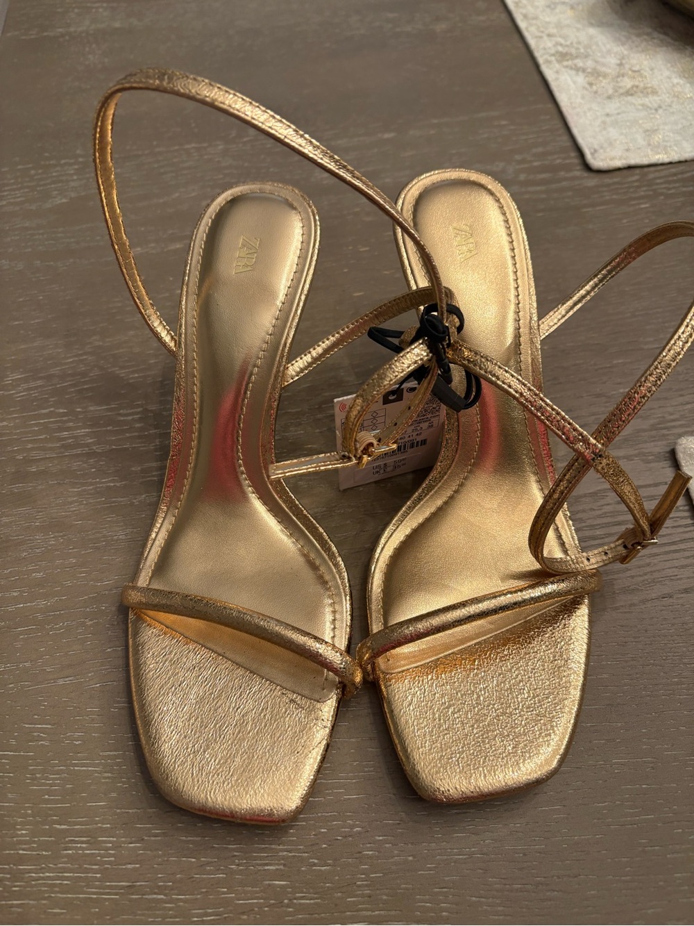 Zara Gold Strappy Square-Toe Heels